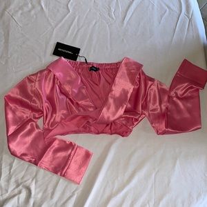 Pink, satin, twist front crop top.